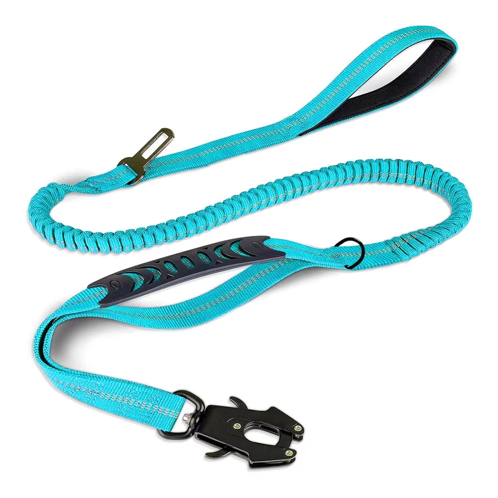 Reflective Shock Absorbing Dog Leash – Heavy Duty Tactical Bungee with Car Seatbelt for Large Dogs