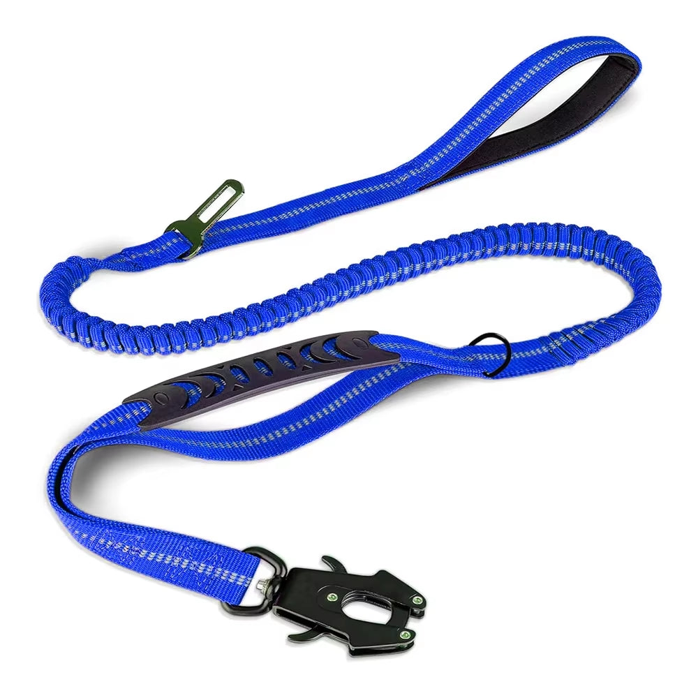 Reflective Shock Absorbing Dog Leash – Heavy Duty Tactical Bungee with Car Seatbelt for Large Dogs