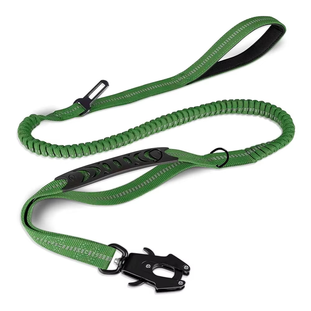 Reflective Shock Absorbing Dog Leash – Heavy Duty Tactical Bungee with Car Seatbelt for Large Dogs