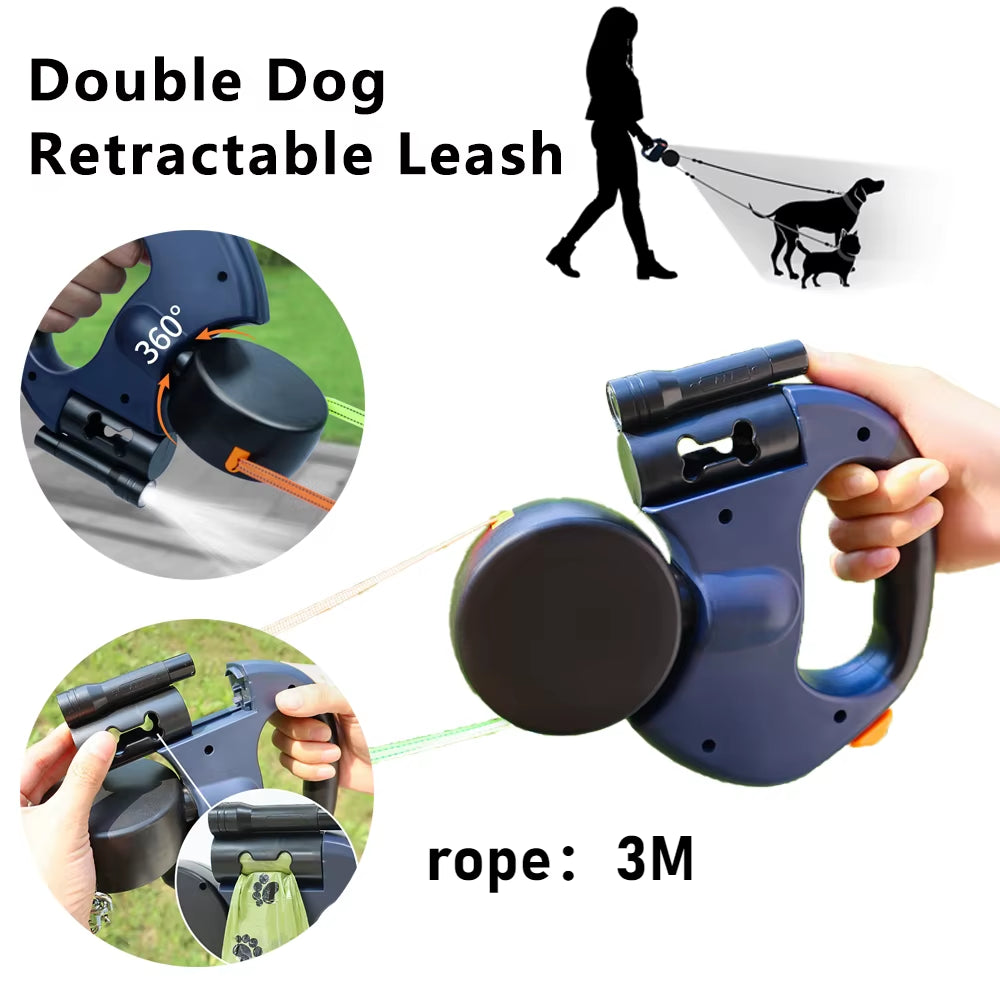 Retractable Dual Dog Leash with LED Light – Tangle-Free, Independent Braking & Reflective 3M Leads