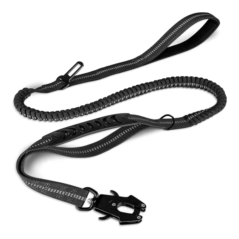Reflective Shock Absorbing Dog Leash – Heavy Duty Tactical Bungee with Car Seatbelt for Large Dogs