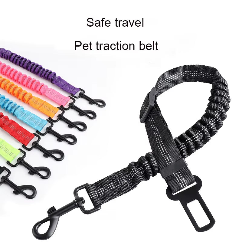 Adjustable Pet Car Seat Belt – Reflective Safety Clip & Elastic Leash for Dogs & Cats