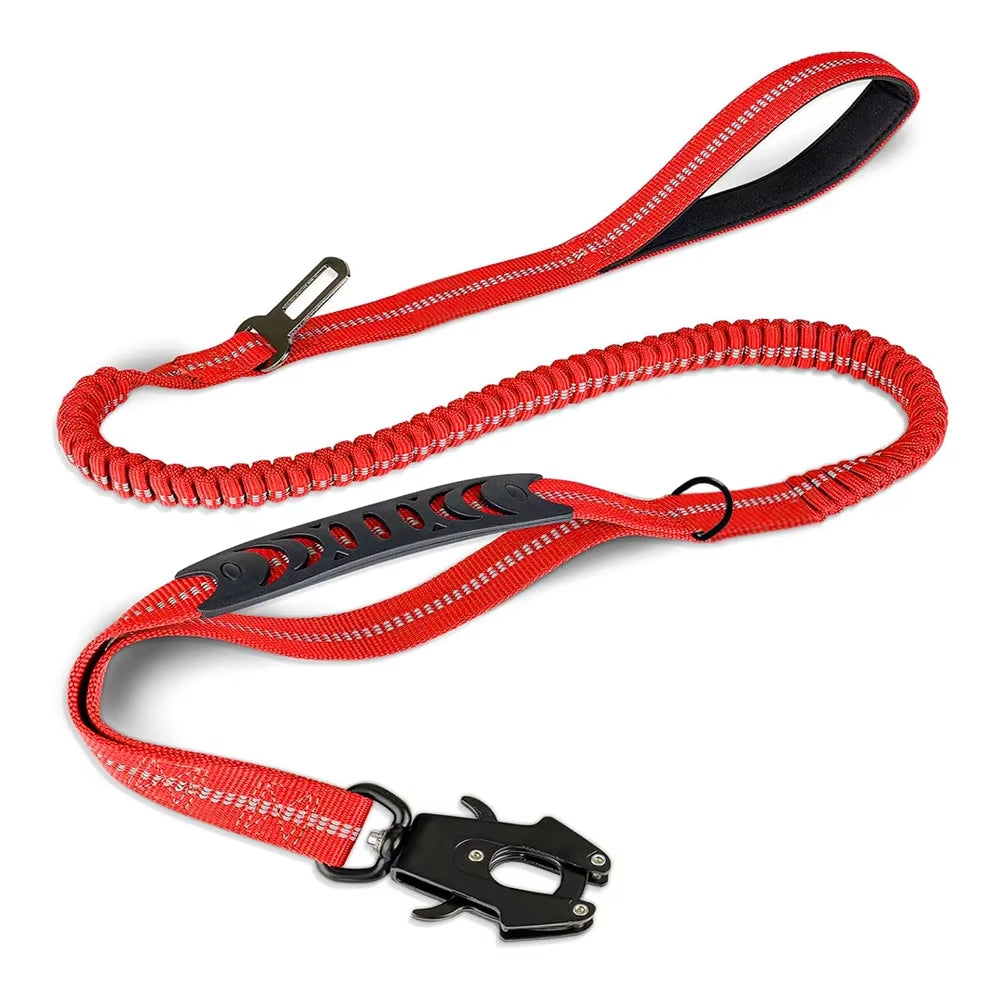 Reflective Shock Absorbing Dog Leash – Heavy Duty Tactical Bungee with Car Seatbelt for Large Dogs
