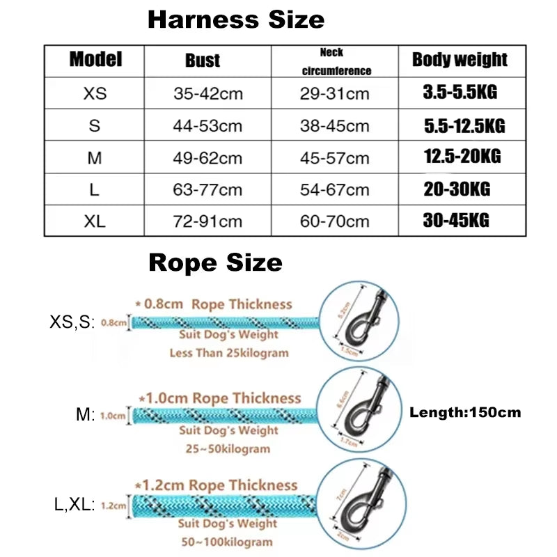 Adjustable Dog Harness Vest – Reflective Leash & 150cm Strong Traction Rope for Small & Large Dogs