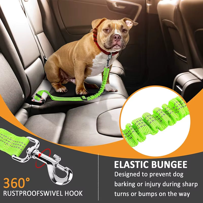 Adjustable Pet Car Seat Belt – Reflective Safety Clip & Elastic Leash for Dogs & Cats