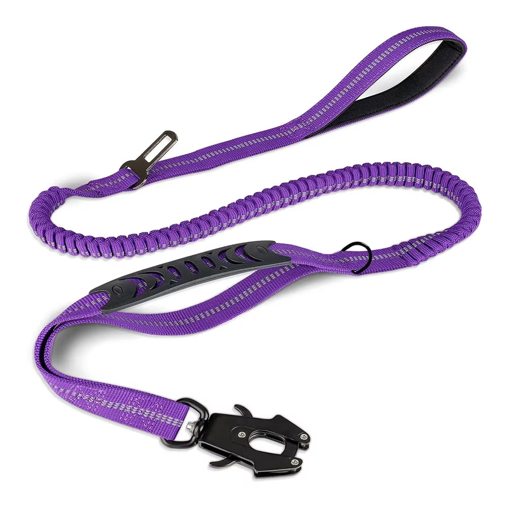 Reflective Shock Absorbing Dog Leash – Heavy Duty Tactical Bungee with Car Seatbelt for Large Dogs