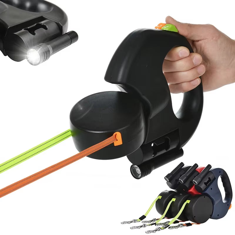 Retractable Dual Dog Leash with LED Light – Tangle-Free, Independent Braking & Reflective 3M Leads