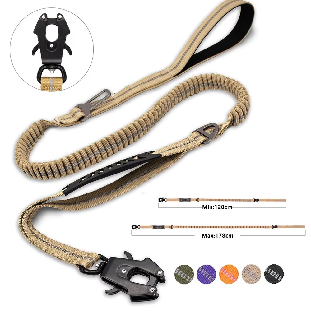 Reflective Shock Absorbing Dog Leash – Heavy Duty Tactical Bungee with Car Seatbelt for Large Dogs