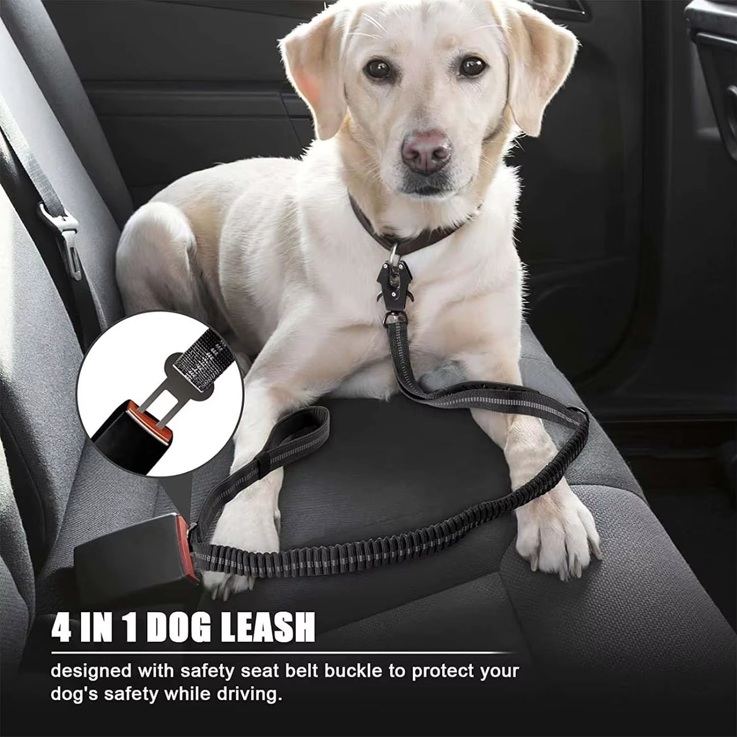 Reflective Shock Absorbing Dog Leash – Heavy Duty Tactical Bungee with Car Seatbelt for Large Dogs