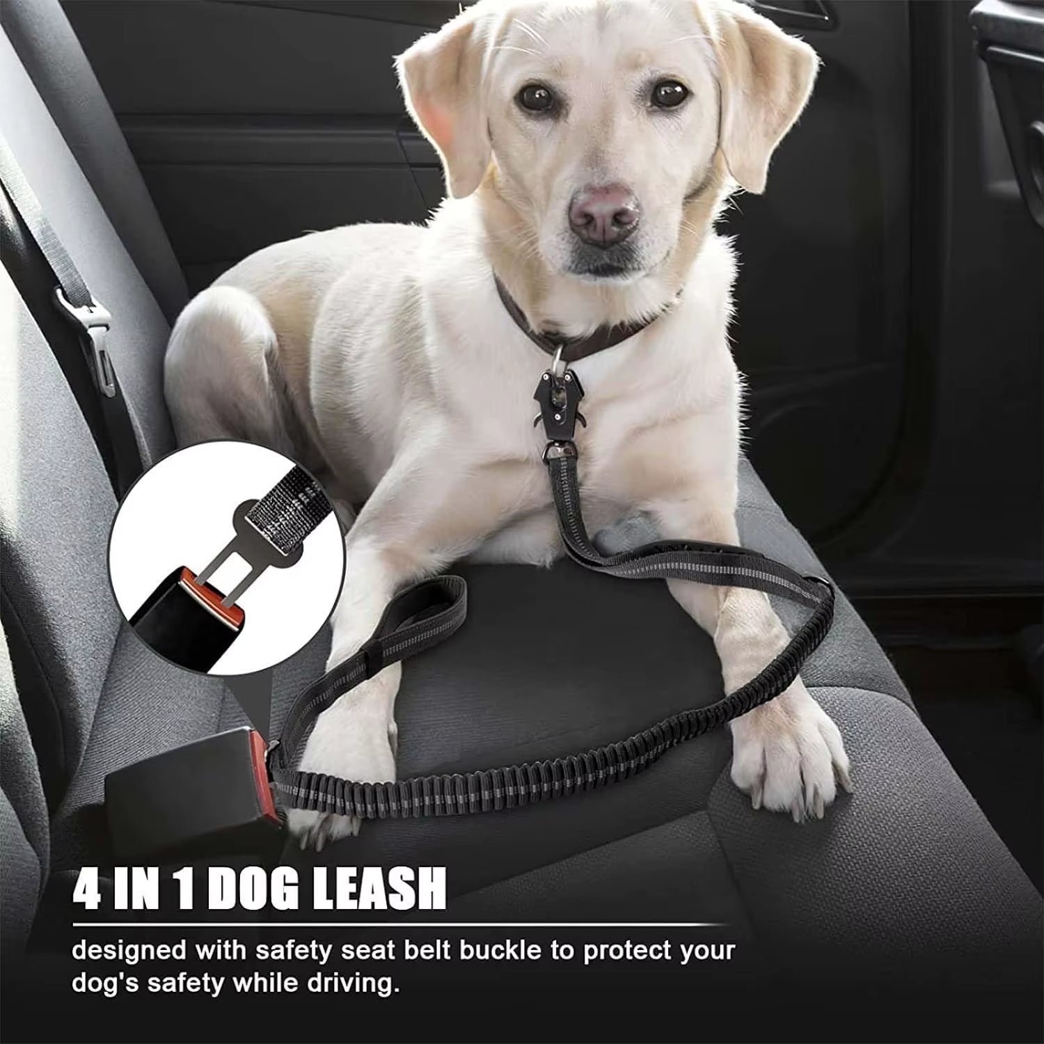 Reflective Shock Absorbing Dog Leash – Heavy Duty Tactical Bungee with Car Seatbelt for Large Dogs